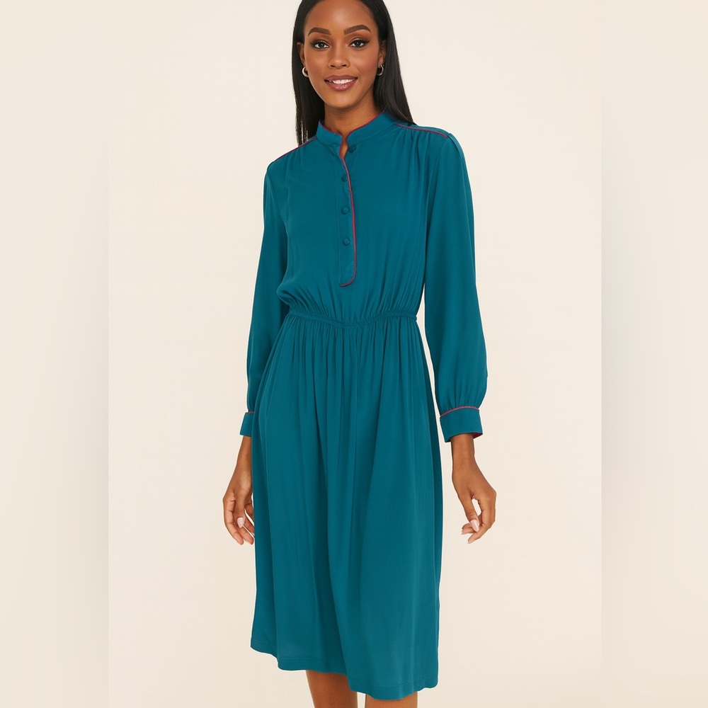 Plazasouth by Janalyn‎ Silk Dress Womens 10 Green Pink Trim Long Sleeve Vintage